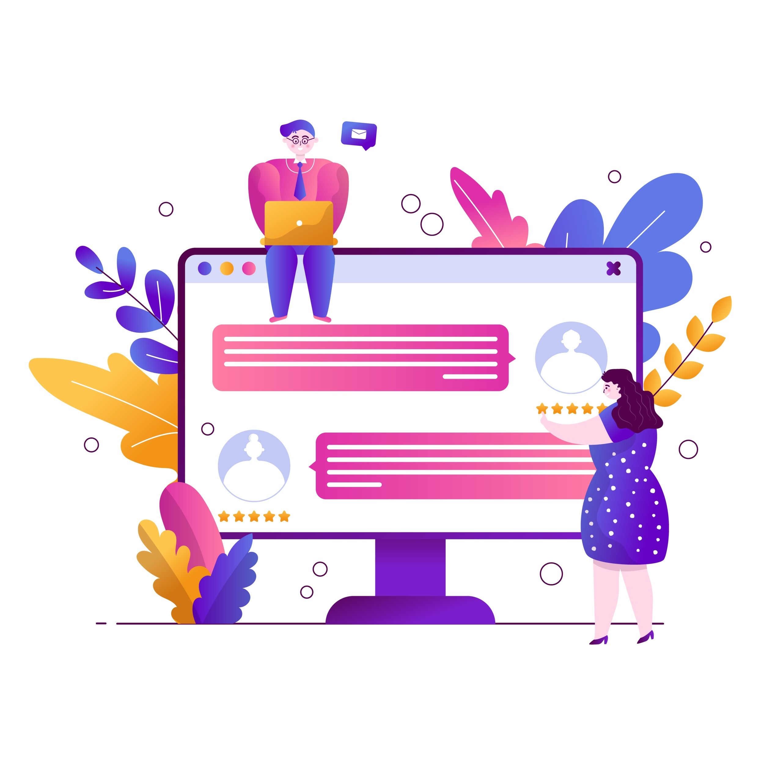 guy sitting on a monitor with a laptop. The girl puts likes and adds to the favorites. Reads the chat. Online dating and smartphone apps. Vector flat trend illustration with botanical leaves